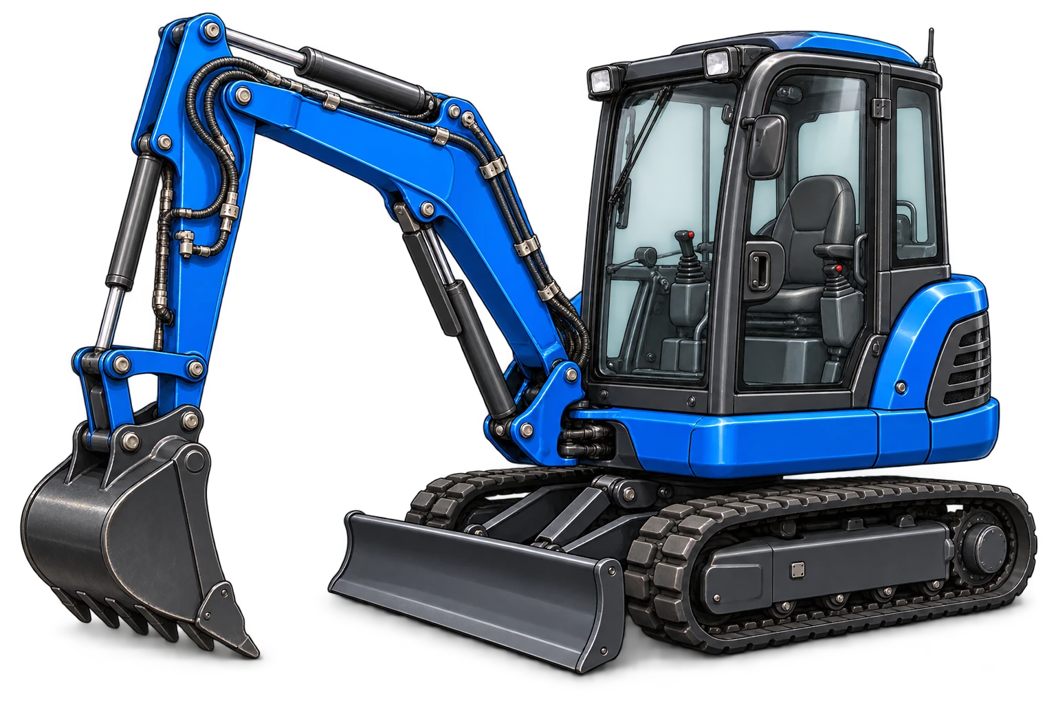 Illustration eines blauen Minibaggers als Beispiel für unseren Baumaschinenservice.