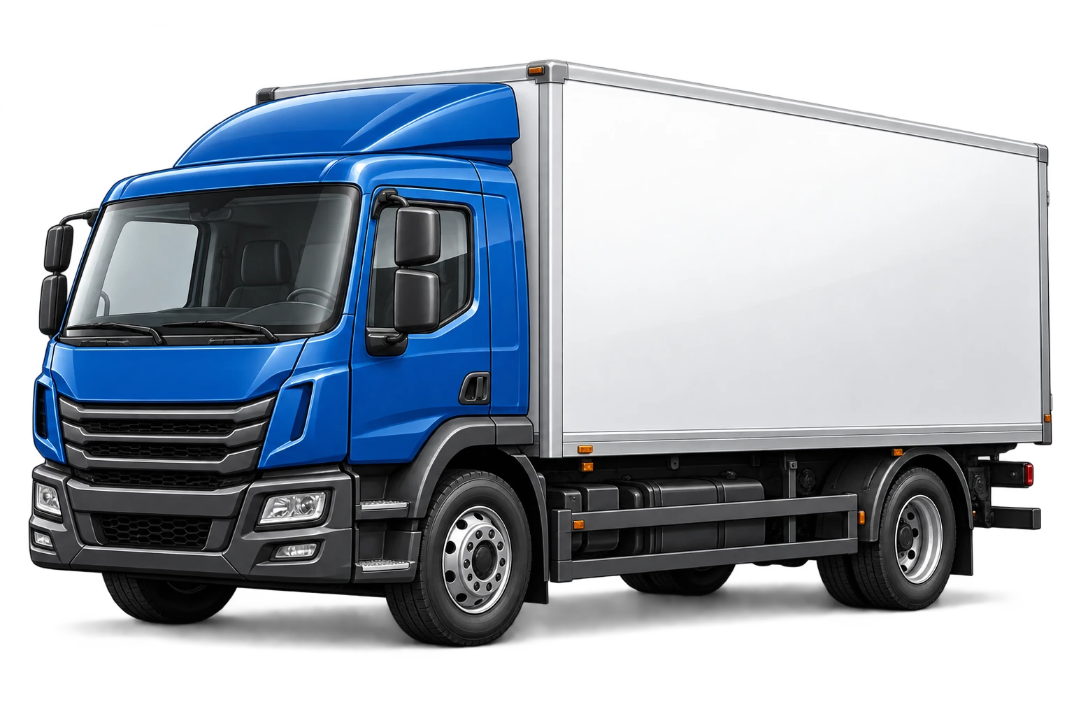Illustration eines LKW mit blauer Kabine und weißem Kofferaufbau als Beispiel für unseren LKW-Service.